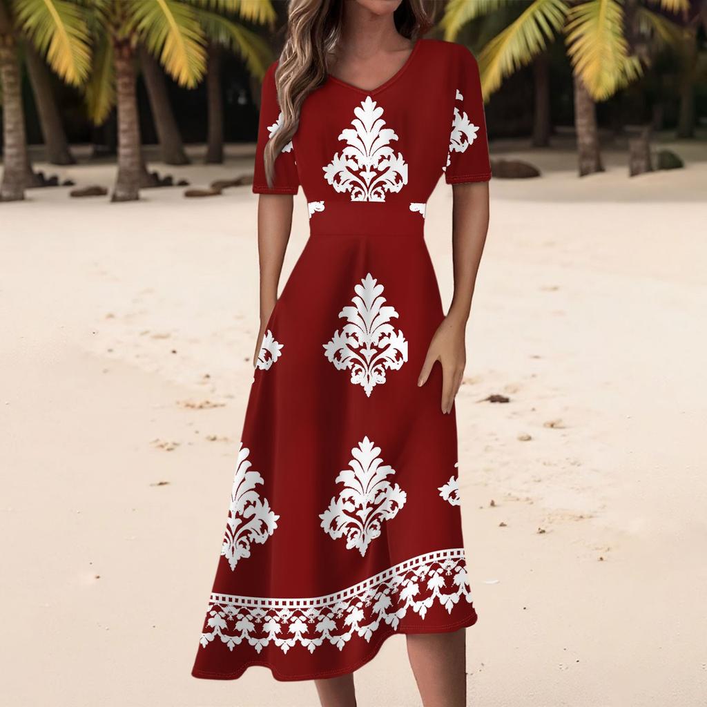 Damen Freizeitmode Retro Bedrucktes V-Ausschnitt Kurzarm Taillenlanges Kleid