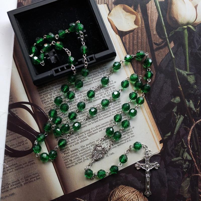 Catholic Acrylic Beads Rosary Necklace for Women Player Pendant Long Chain Chokers Fashion Religious Jewelry Gift