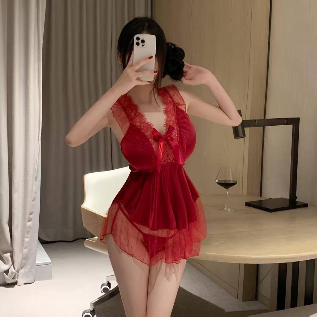 Large Size Sexy Lace Suspender Nightgown Gather Cake Skirt Sexy Nightgown Passionate Rear-entry Flirting Free Perspective Outfit