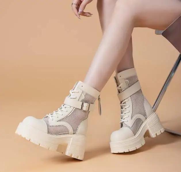 Fashion 9CM Air Mesh Patent Leather Boots Chimney Hollow Ankle Booties Women Moccasins Summer Motorcycle Sandals Fashion Shoes Sandals
