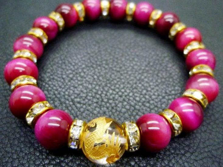 Ishiki AAAA Grade Natural Pink Tiger Eye Gold Carved Emperor Prayer Beads Power Stone for Financial and Professional Luck Stone, 10mm, Five-Clawed