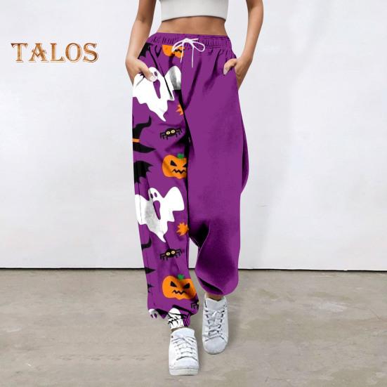 Damen Jogginghose, elastische hohe Taille, verstellbarer Kordelzug, Joggerhose mit Halloween-Kürbis-Print, Fitnesshose