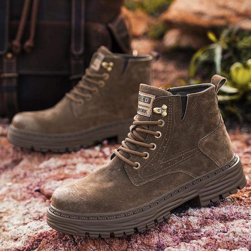 Fashion Autumn Fashion Brown Mens Ankle Boots Comfortable Suede Leather Biker Boots Man Non-slip Motorcycle Boots for Men High Top Botas