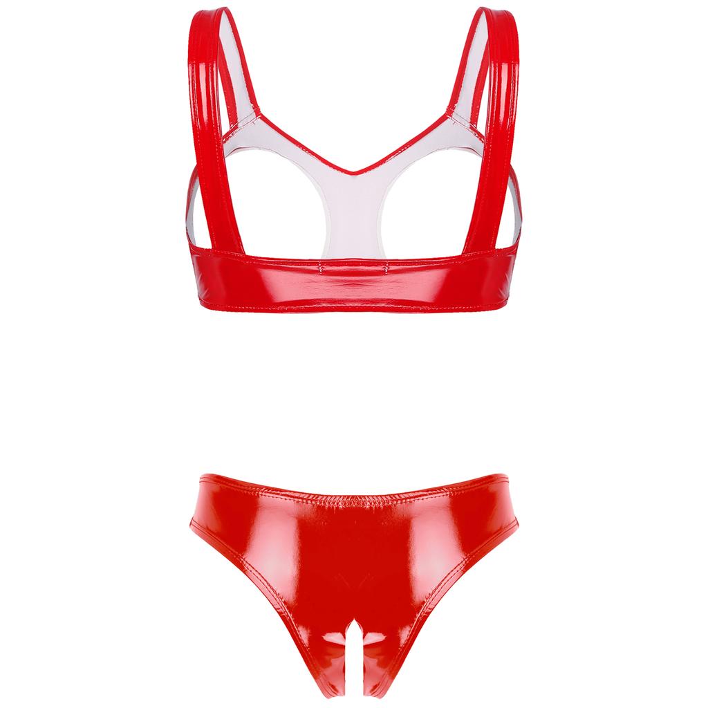 Women Ladies Bare Chest Sexy Lingerie Set Wet Look Patent Leather Underwear Suit Open Cups Bras with Crotchless Briefs Clubwear