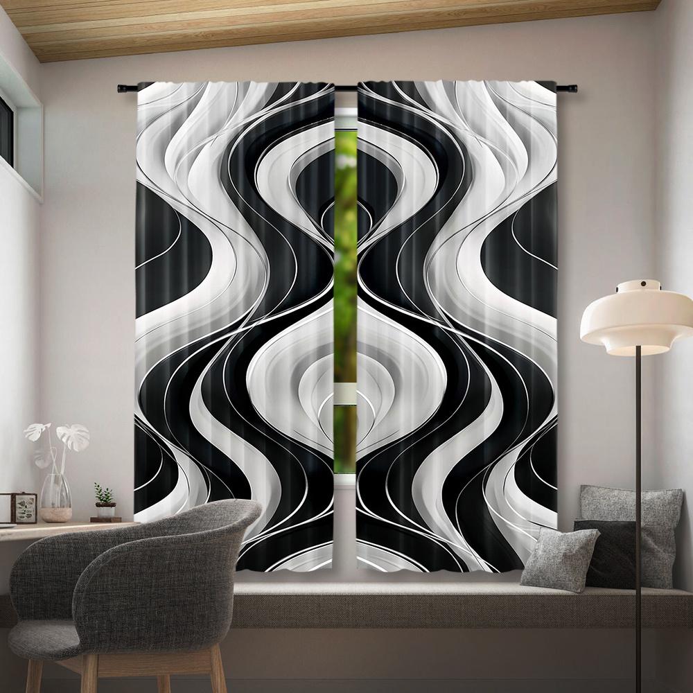 2pcs Modern Abstract Black & White Wavy Lines Curtains - Rod Pocket Window for Bedroom   Office   Kitchen   Living Room   and Study