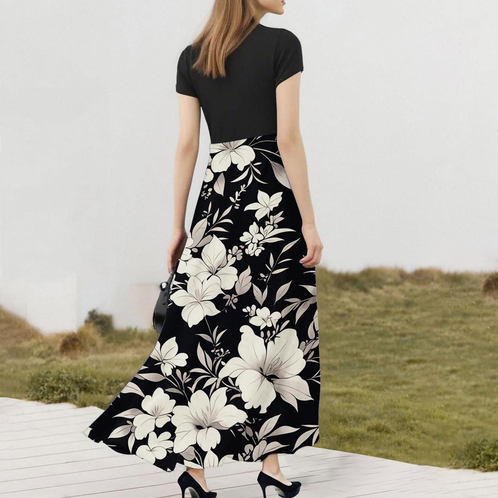 Kadın Modası Günlük Bol Baskılı Yuvarlak Yaka Kısa Kollu Uzun Elbiseler Kısa Kollu Uzun Elbiseler