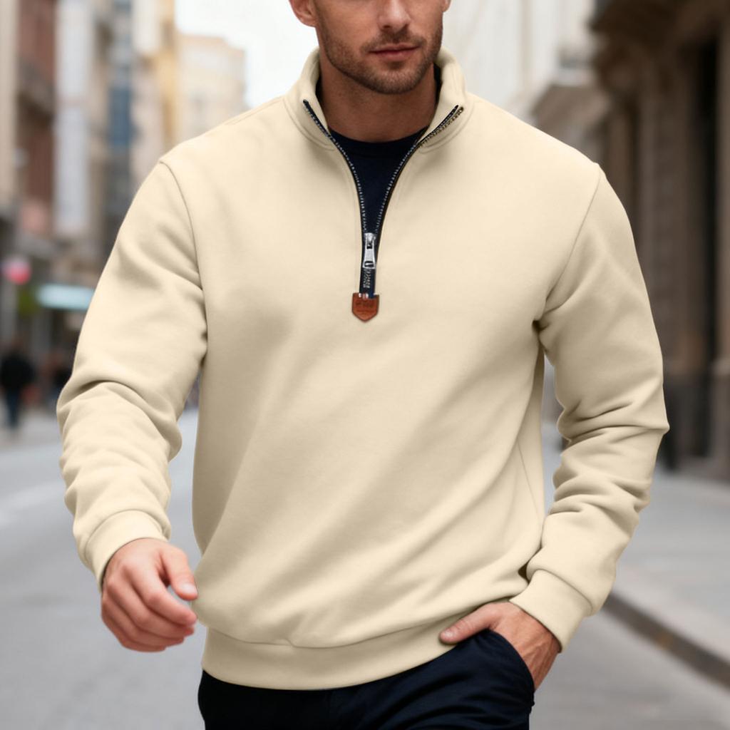 Men's Autumn/Winter Heavyweight Fleece Sweatshirt with Embroidered Logo Design, Half-Zip Stand Collar