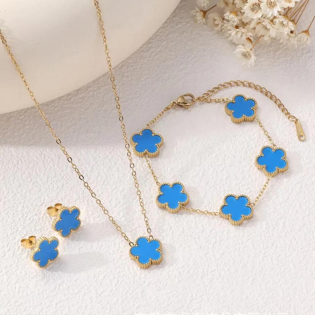 316L Stainless Steel Five Leaf Clover Pattern Bracelet Necklace Earrings Jewelry Set Classic for Women Trend Party Charm Gifts