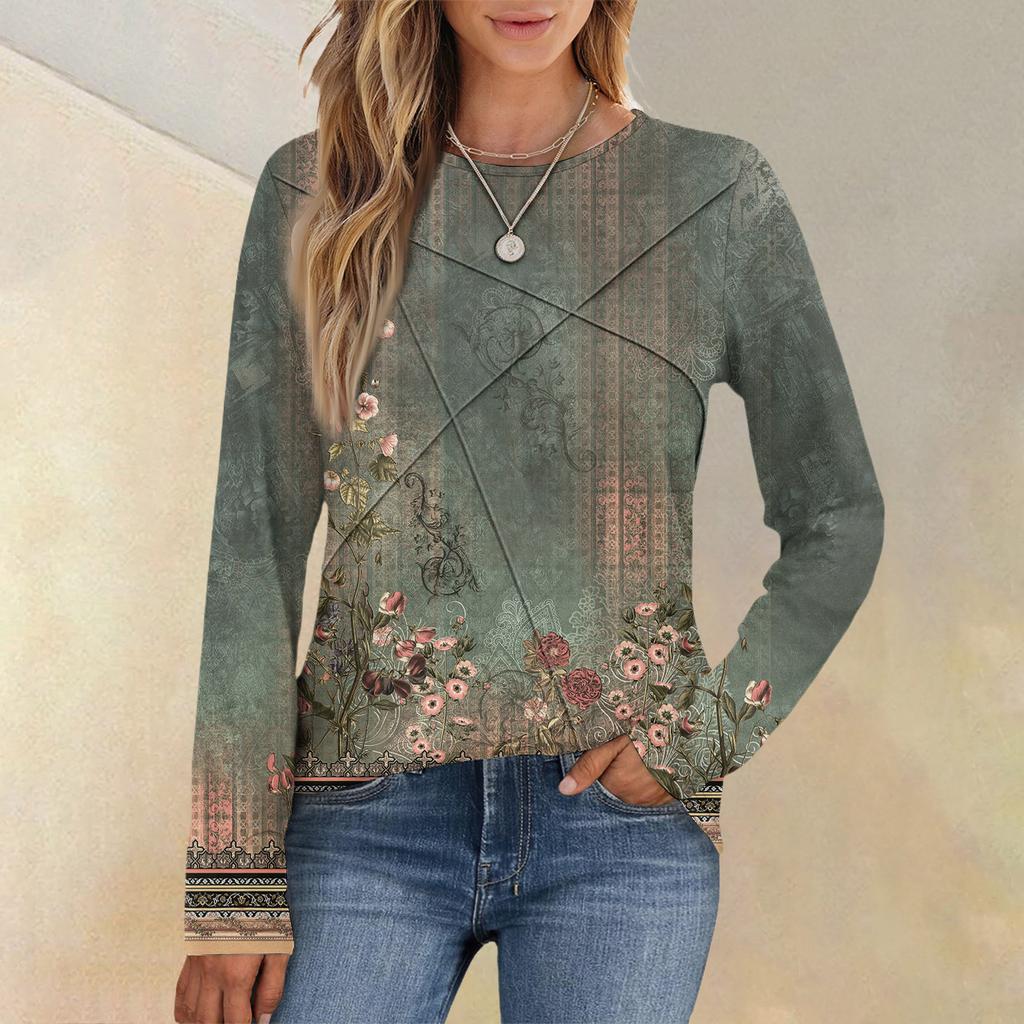 Damenmode Langarm Rundhals Lässiges Plissee Floral bedrucktes Lockeres Oberteil