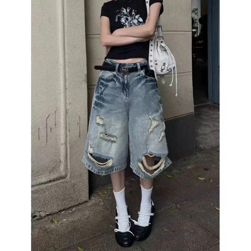 Women's Distressed Washed Denim Capris Loose Wide-Leg Ripped Mid-Length Jeans