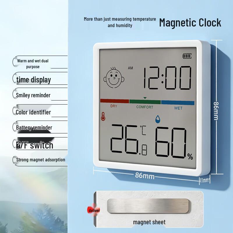 Ruhan Digital Indoor Thermometer Hygrometer with Clock and Magnetic Back