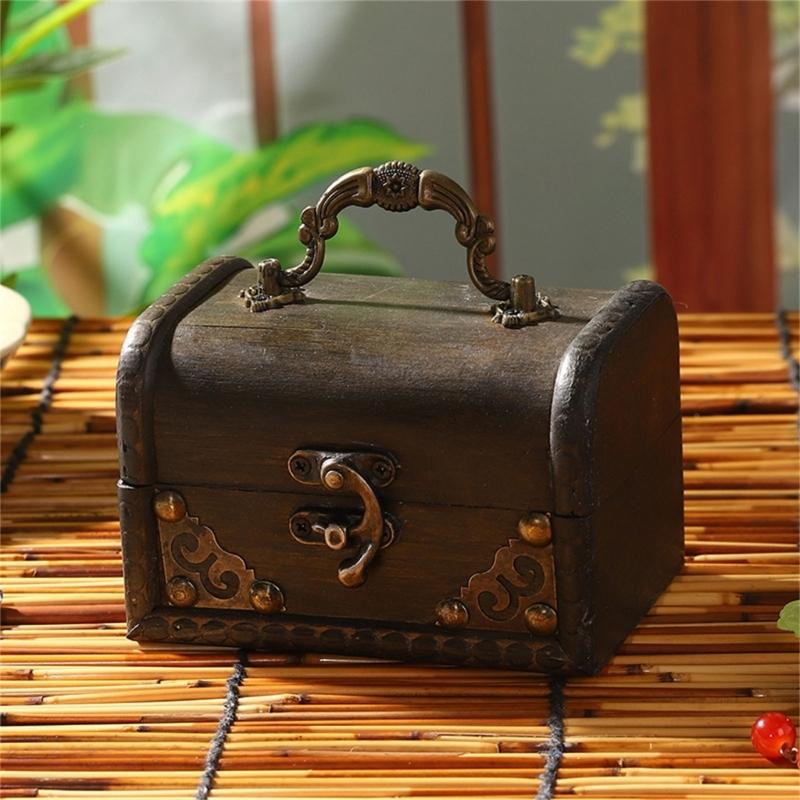 Vintage Wooden Treasure Chests Lockable Jewelry Storage Box Antique Style Decorative Organizers for Home Bedroom Decors