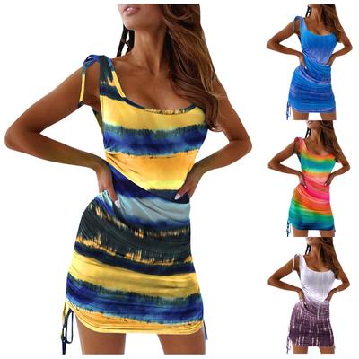 Women's Gradient Print Sleeveless Drawstring Tank Dress Low Cut Ruched Side Tie Mini Dress Casual Summer Beachwear