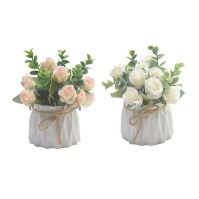 Elegant Artificial Rose Flowers with Small Vase Faux Florals Potted Plant for Indoor Desktop Decoration and Gift Giving