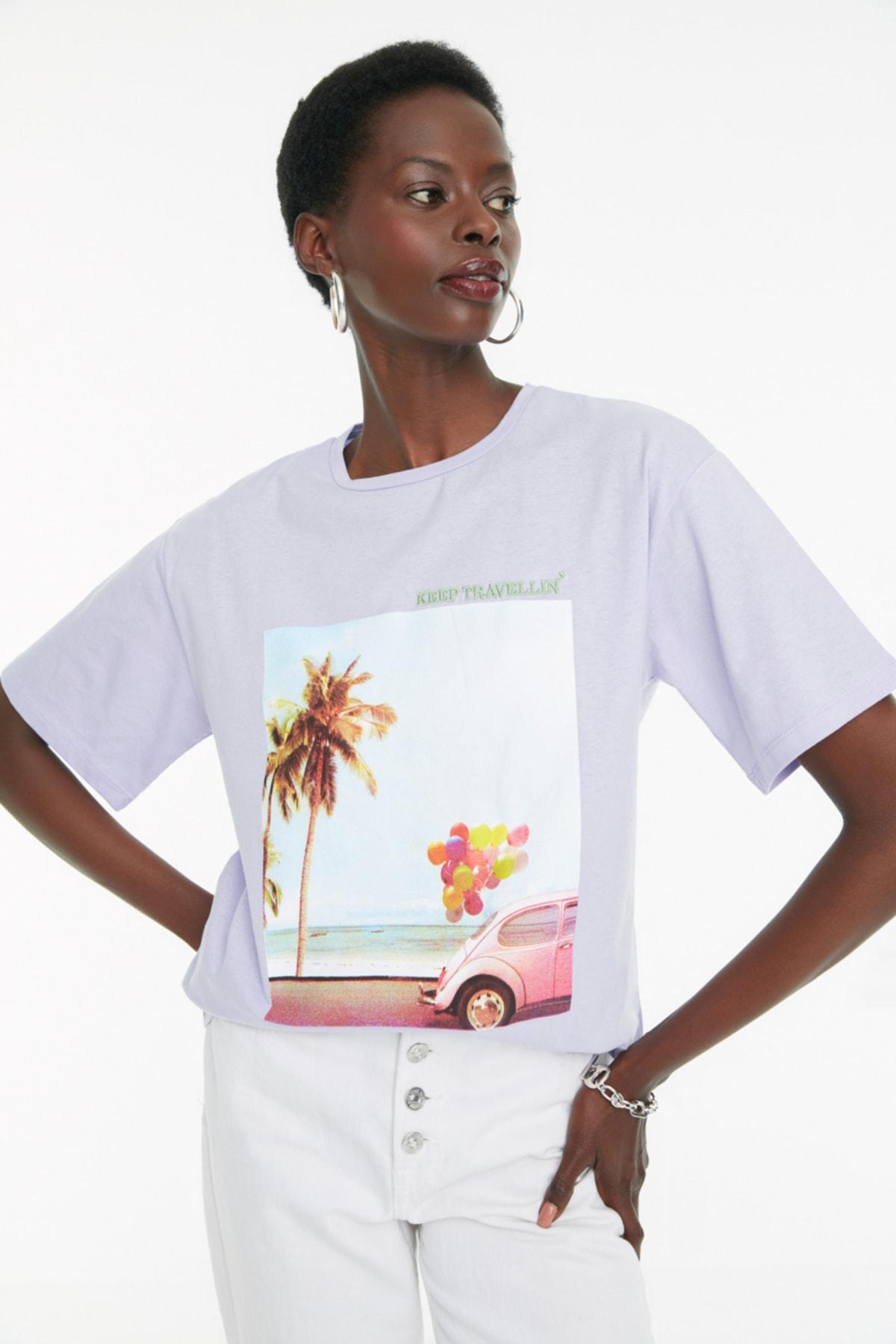 

Сиреневая трикотажная футболка-бойфренд с принтом TWOSS20TS0574