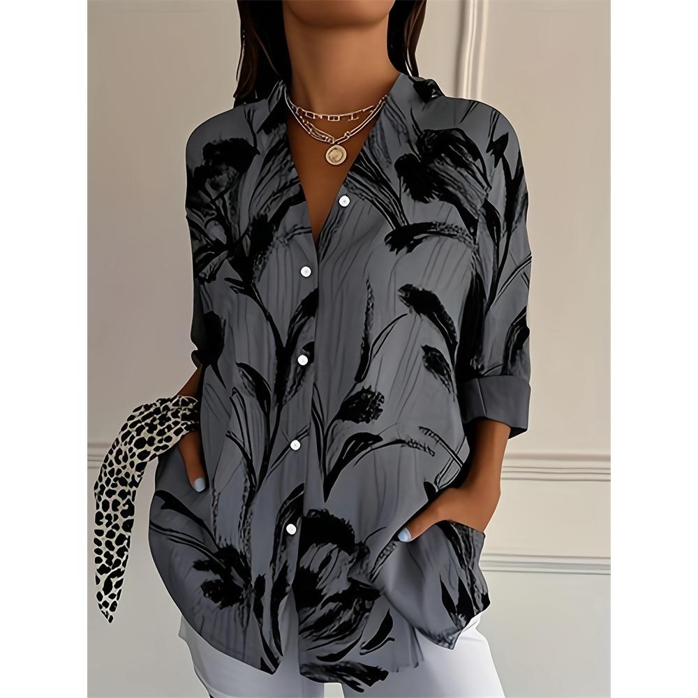Camisa de mujer ajustada con botones, estilo casual, con estampado de flores de anacardo, ideal para uso diario. Camisa de solapa de talla grande.