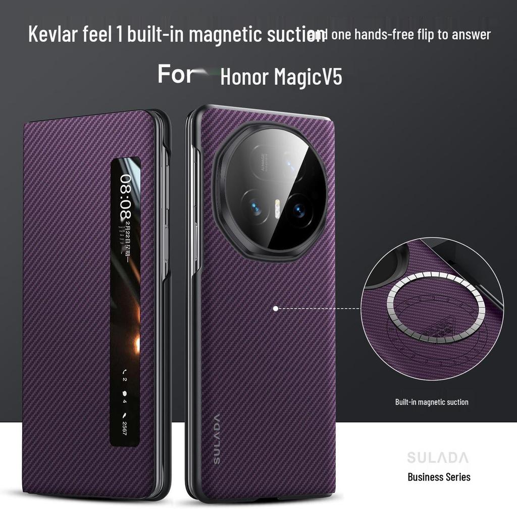 Honor MagicV6/V5 Phone Case: New Kevlar Magnetic Smart Flip Cover with Full Lens Protection.