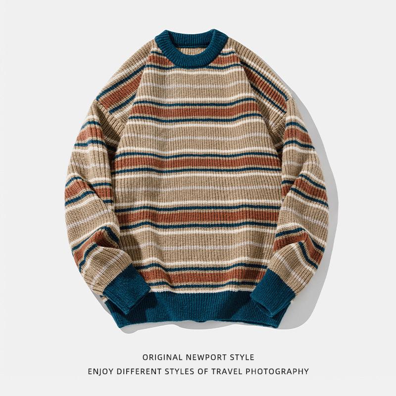 Suéter de Hombre Vintage a Rayas Cuello Redondo Otoño Invierno Holgado Relajado Jersey Tejido