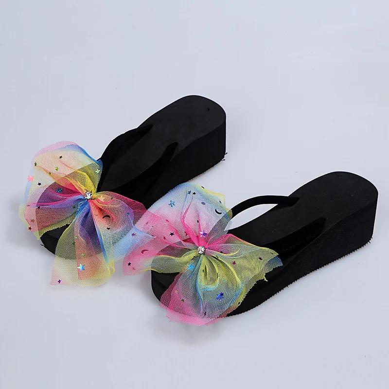 Fashion 2025 Summer Colorful Mesh Bowknot Flip Flops for Women Star Sequins Wedges Clip Toe Sandals Lightweight Platform Beach Slippers