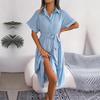 New Summer Women Casual Loose Lapel Neck Button Dress Shirt Skirt Solid Color Lace Up