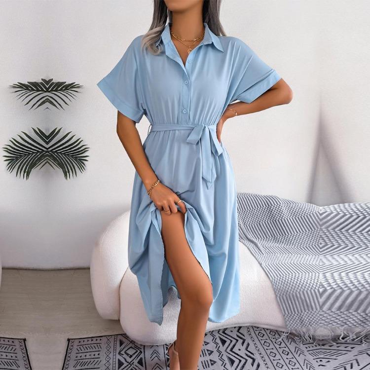 

Women Casual Loose Button Down Lapel Neck Lace Up Solid Color Dress Shirt Spring Summer XL светло-синий