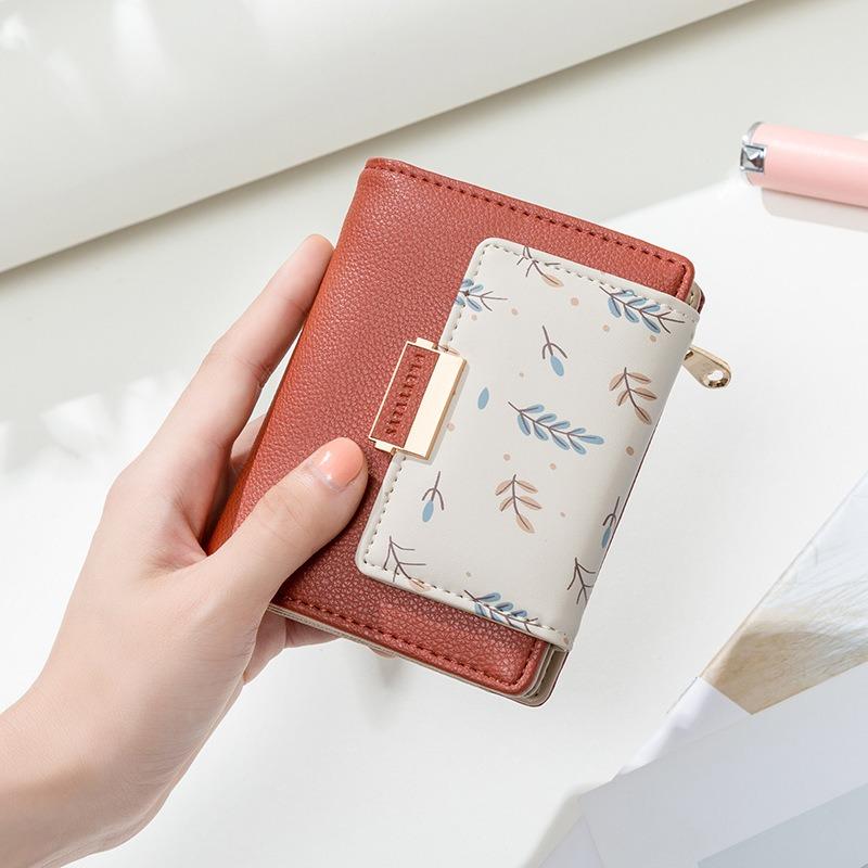 PU Leather  Loose Change Printed Buckle Folding Zipper Student Coin Card