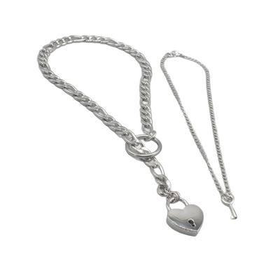 Pack of 2 Punk Rock Style Necklaces Heart Lock and Key Cuban Chain Jewelry Adjustable Neckchain Accessory
