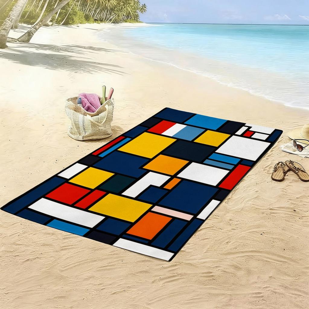 Mondrian Geometric Beach Towel Single Sided 2D Print Quick Dry Microfiber Towel for Beach Pool Bath Modern Art Aesthetic Vibe