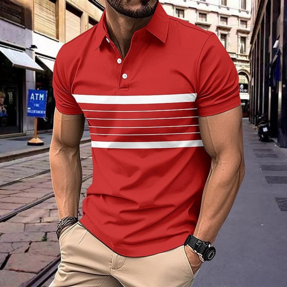 New Men's Fashionable Casual Polo Shirt Summer Button Striped Versatile T-shirt