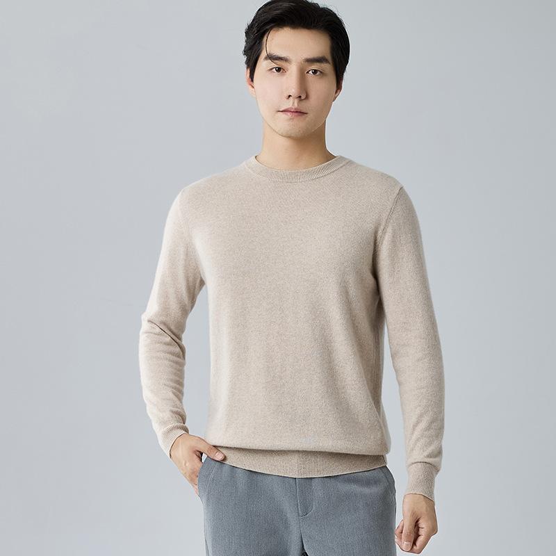 Crew neck cashmere shirt men's loose solid color sweater pullover with bottom knitted wool sweater