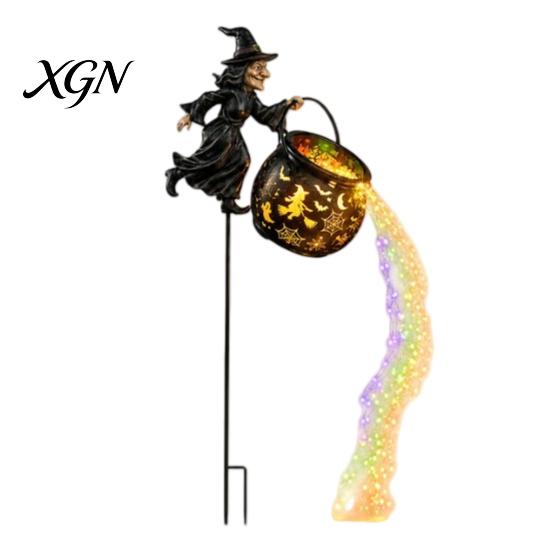 Garden Ornaments for Outside Decor Halloween Witch Stake Light Outdoor Decoration, 33.5 Inch Waterfall-Style Iron Stakes Lawn Cauldron
