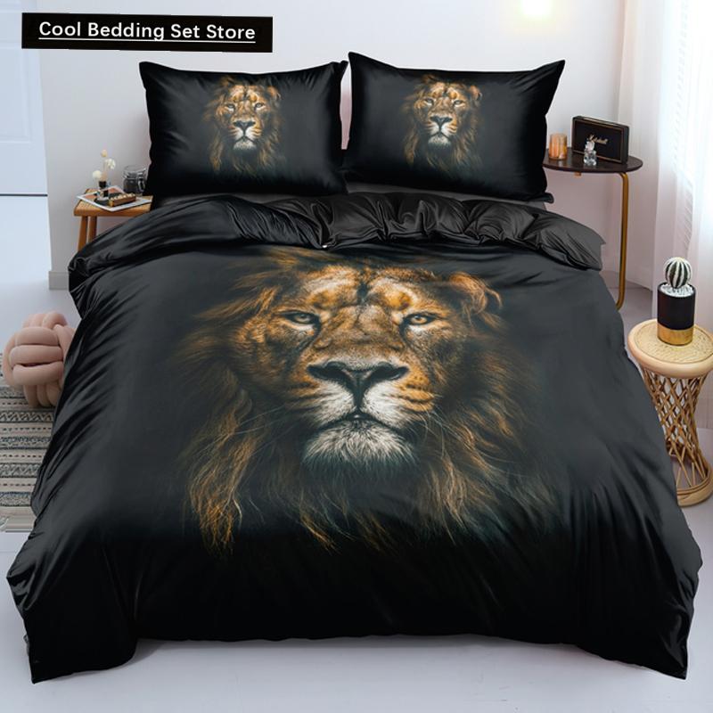 Comforter Lion Tiger King Queen Lovely Wild Animals Bedding Set For Kids Teens Adults Wildlife Grey Black 2/3Pcs