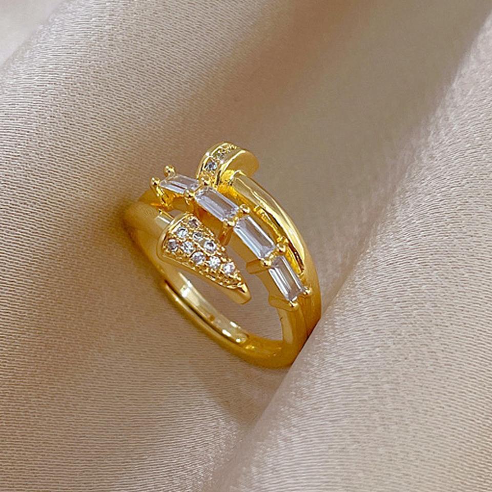 ZAKOL Korean Fashion Three-layer Shiny Zircon Nail Open Ring for Women Engagement Wedding Party Zircon Gift