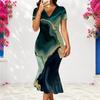 Women Plus Size V Neck Short Sleeve Colorful Printed Fitted Fishtail Dress