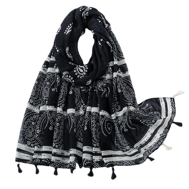 Literary and Fresh Cotton and Linen Scarf Retro Patchwork Printed Scarf Shawl Embroidery Scarf Elegant Solid Color