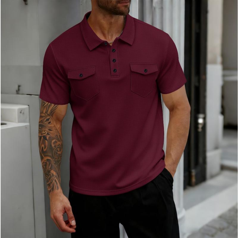 Mens Short Sleeve Waffle Knit Polo Shirt With Double Pockets
