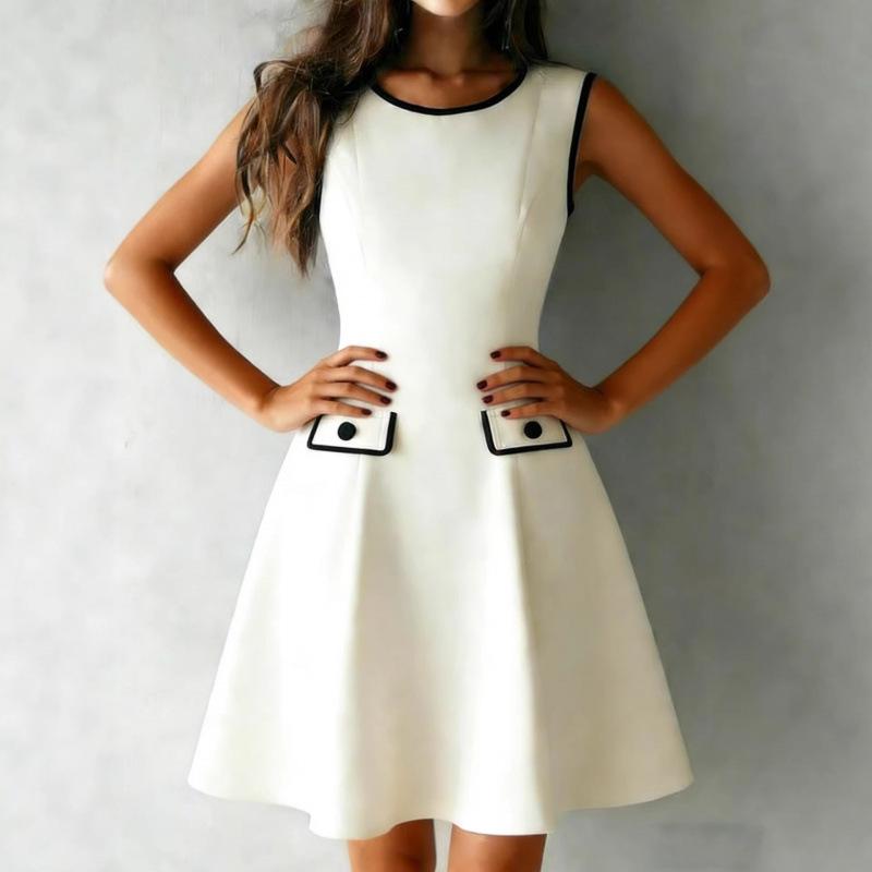 Summer European and American Temperament Elegant Sleeveless Crew Neck Splicing Short Skirt Contrasting Color Minimalist Commuter Dress