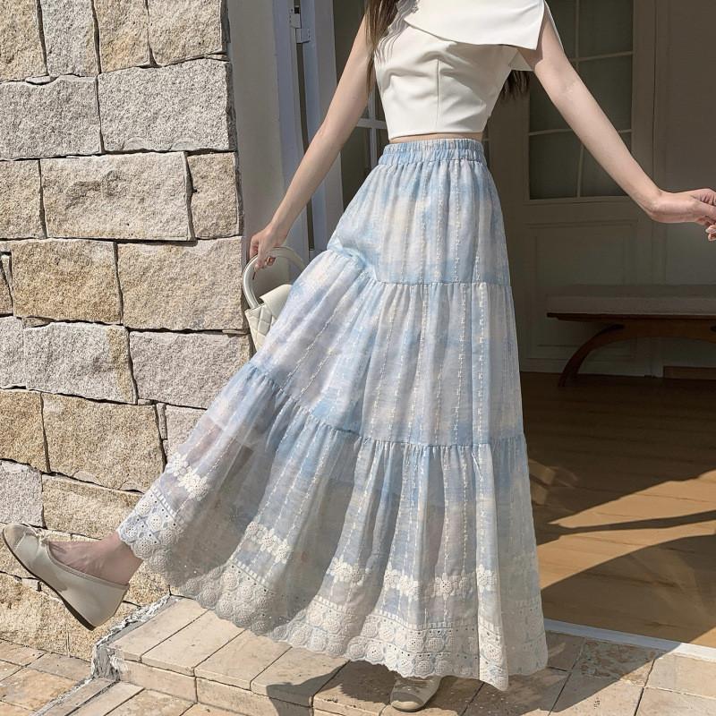 Blue Floral Tiered Skirt Embroidered High Waist A-Line Maxi French Ethereal Style QT2864