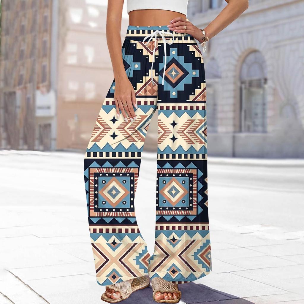 Dámské potištěné kalhoty s širokými nohavicemi s kapsami Vysoký pas Stahovací šňůrka Volné ležérní kalhoty