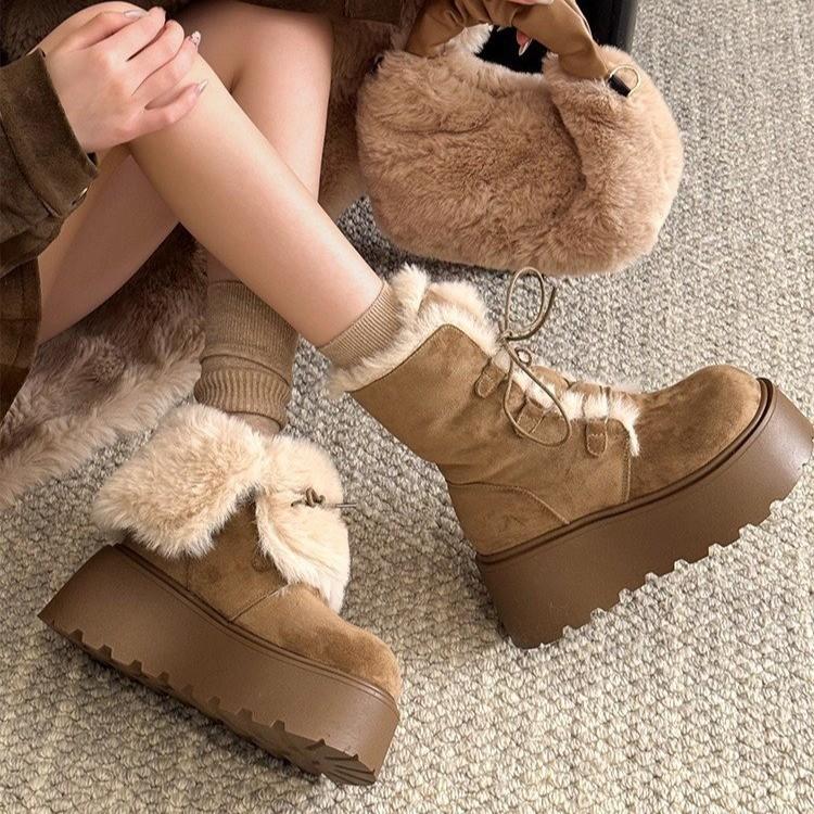 Damen-Winter-Flip-Flops mit dicker Sohle, Schnürung, zwei Tragevarianten, leicht, warm, kälteabweisend, gepolsterte Schneestiefel, rutschfest, lässige Sneaker, Baumwollschuhe