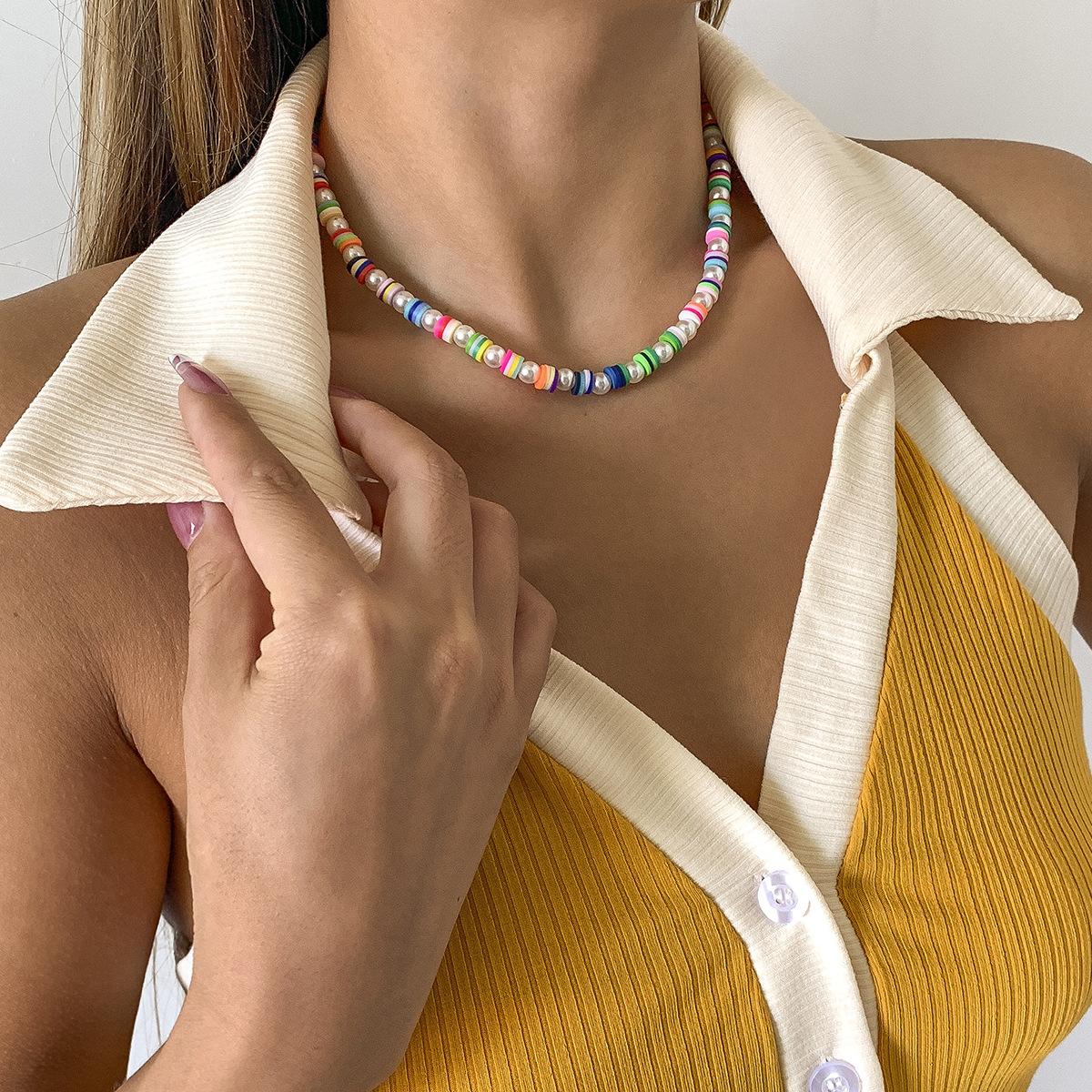 

Accessories, ethnic style colored soft pottery rice beads, daisy necklace, retro letter slightly inlaid babe necklace