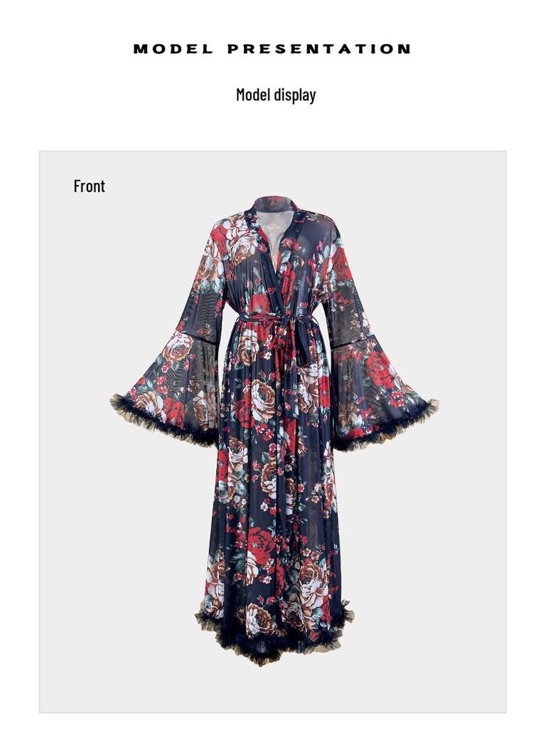 Elegantes Retro-Blumen-Netz-Bademantel mit Federbesatz - Durchsichtiges Loungewear-Design