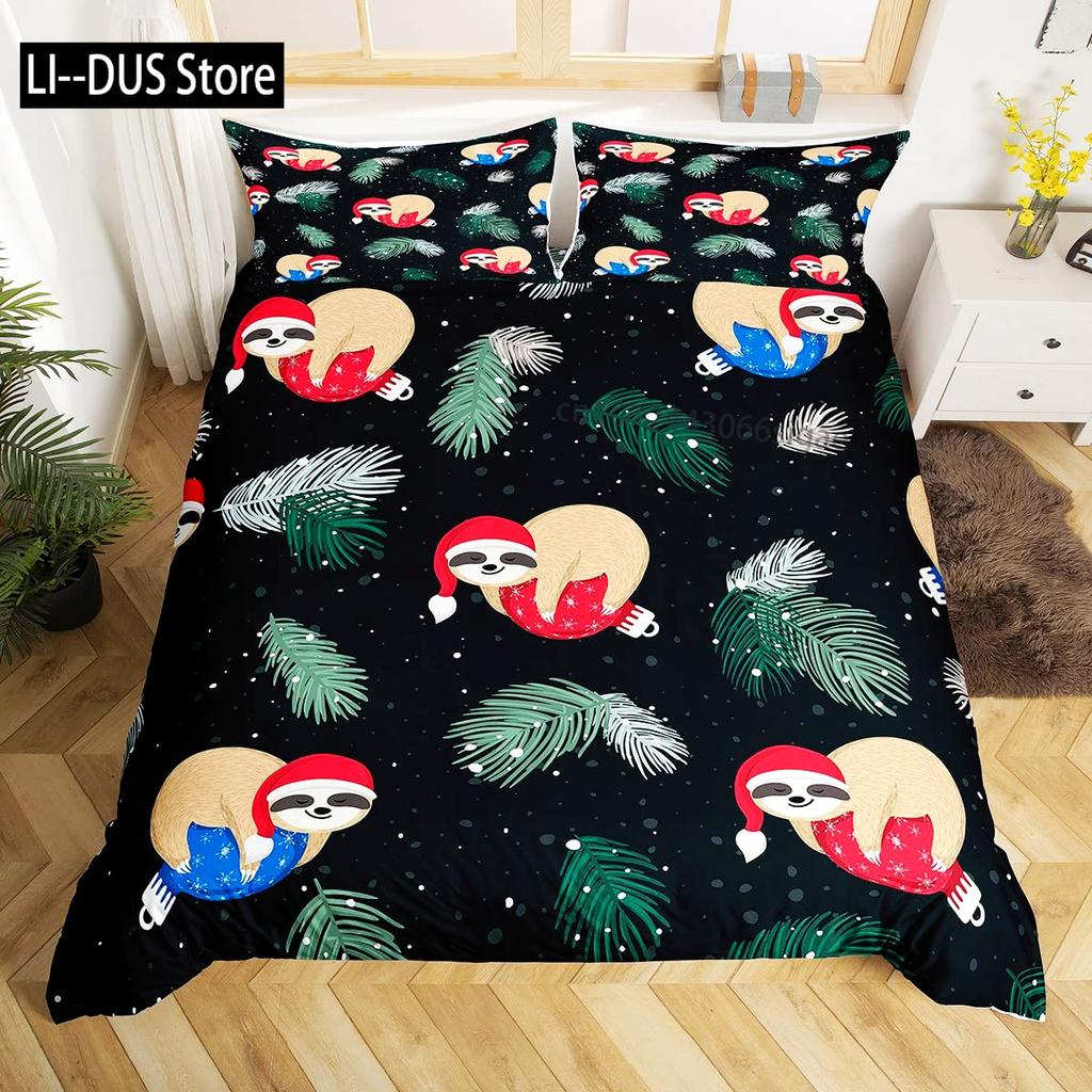 Sloth Duvet Cover Set Cartoon Character Sleeping on Branch Decorative 3 Piece Bedding Set with 2 Pillow Shams Queen Full Size