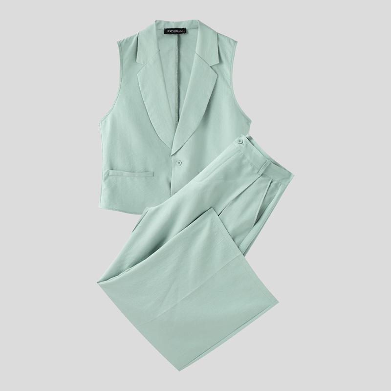 

INCERUN 2 шт. Мужской приталенный жилет без рукавов и комплекты длинных прямых брюк L зелёный