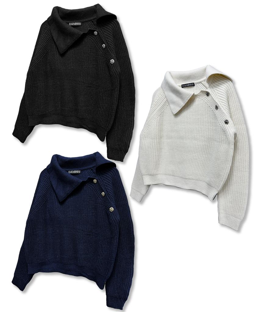 Damiswi Oblique Collar Cross Button Knit_Black