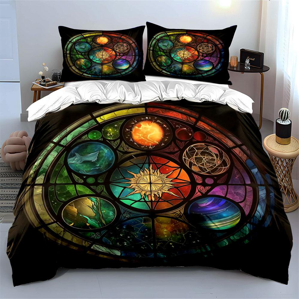 Colorful Stained Glass Decoration Set Soft Comfortable Duvet Cover Bedding Set Included 1*Duvet Cover & 2*Pillowcases, Gift