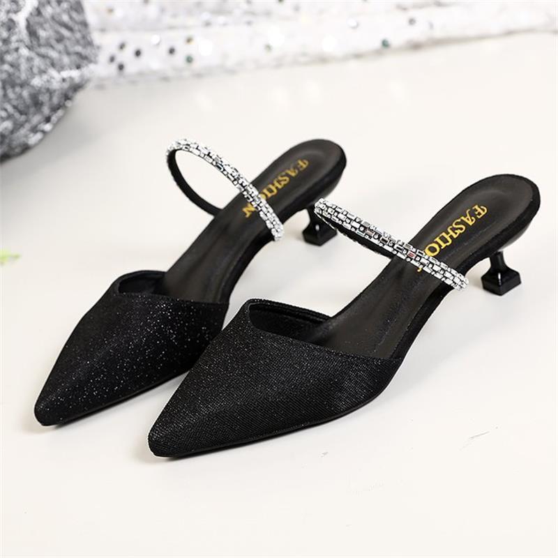 

Туфли-лодочки французский высокий каблук 2025 новинка стразы модная сумка голова сандалии голова толстый каблук носить полушлепанцы женщины 40