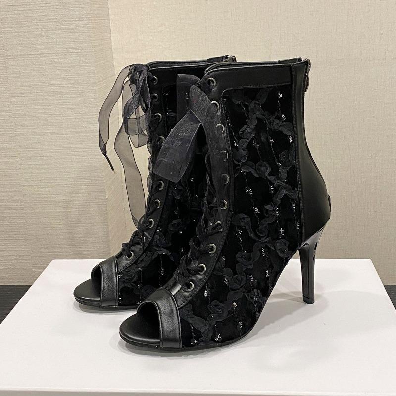 Fashion Women's Slim Heel Single Boots Spring New Round Head Open Toe Front Lacing Back Zipper Anti-slip Wear-resistant High Heels