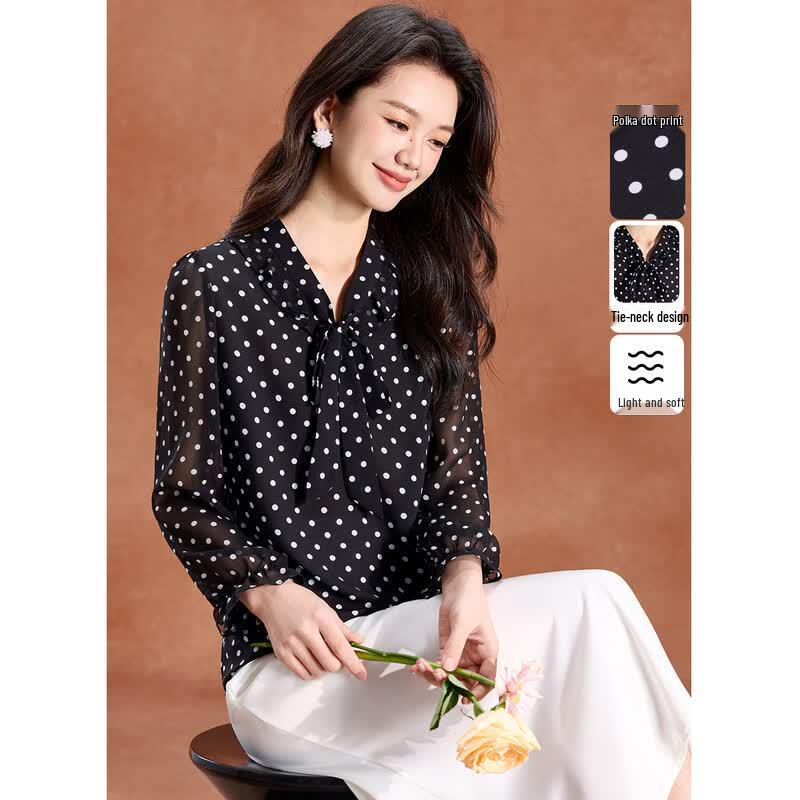 Elegant French Polka Dot Ruffle V-Neck Blouse S