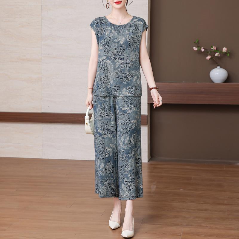 Plus Size Summer Pants Sets for Women Elegant Loose Vintage Print 2 Piece Outifts